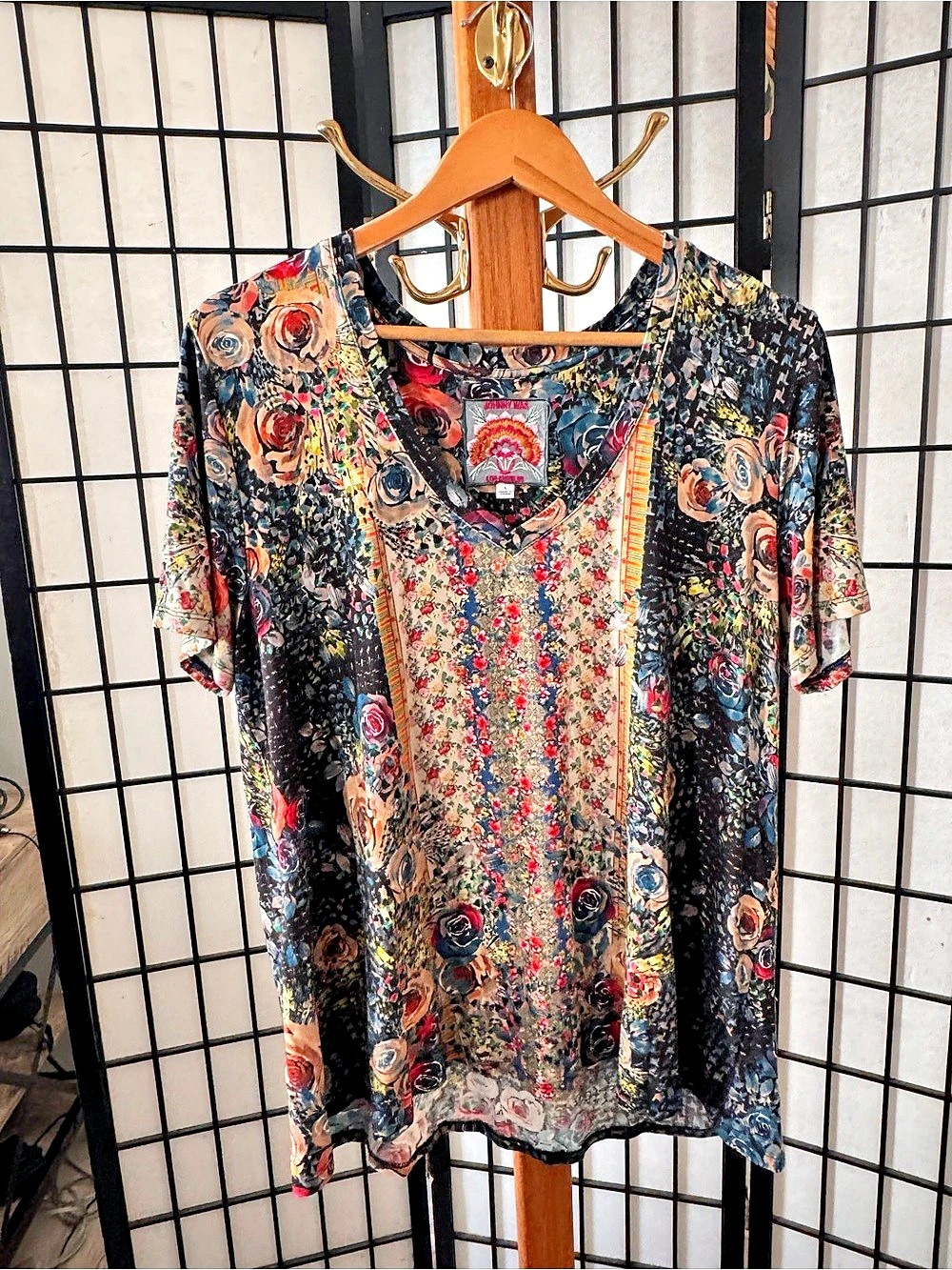 Johnny Was Floral Short Sleeve Top in Black & Multicolor